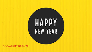 Yellow BG Big Black Circle White color fonts Happy New Year wishes
