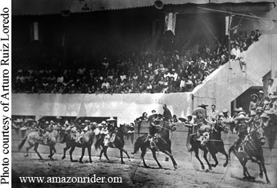 There are three girls and three boys riding their horses in a choreographed routine