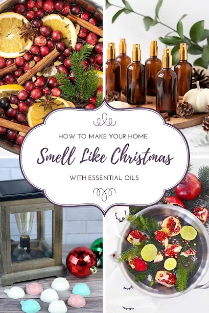 How to make your house smell like Christmas. Use natural ingredients and essenital oils in these recipes. This includes several DIY recipes for candles, wax melts, simmering potpourri, air fresheners, sprays, and more ideas to make your home smell great for entertaining. Lift your spirit and make hour house smell good with cinnamon, fruits, spice, orange, clove, and even a pine tree and greenery. #essentialoils #christmas