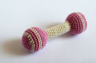 Double Rattle, hand crocheted rattle toy, Pink/ Off White stripes