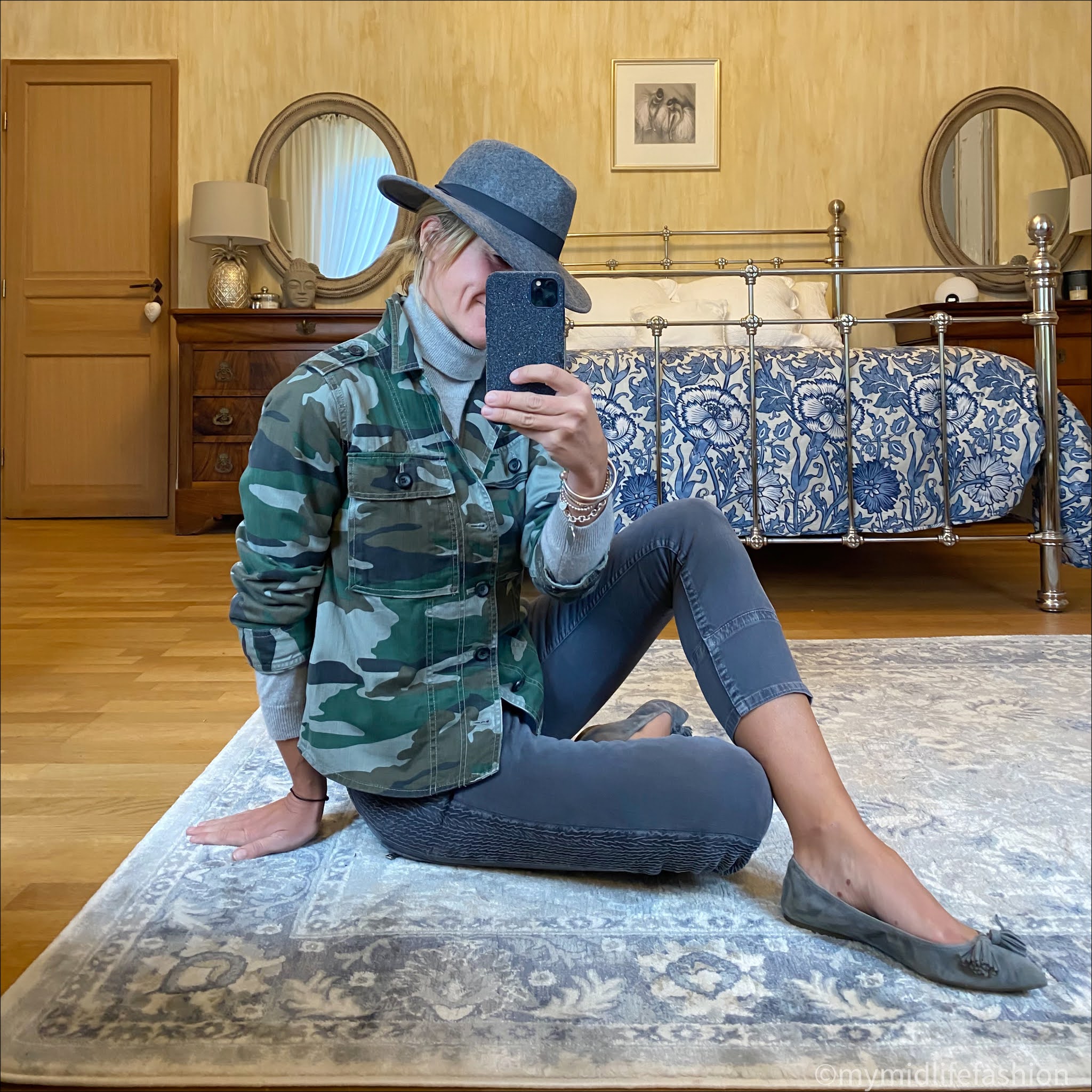 my midlife fashion, zara felt fedora hat, marks and Spencer pure cashmere roll neck jumper, j crew camouflage overshirt, Isabel Marant Etoile biker jeans, j crew suede tassel ballet flats