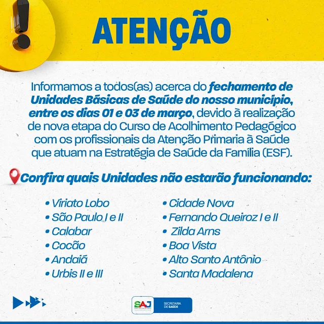 Secretaria de Saúde (SMS) informa aos munícipes acerca de fechamento de Unidades Básicas de Saúde (UBS) para treinamento