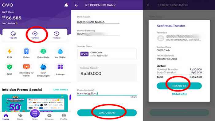 Menu transfer OVO ke DANA