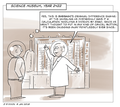 Science Museum, year 2422. Yes, this is Babbage's original difference engine. At the unveiling, he mistakenly gave it a calculation involving a division by zero. Since he hadn't thought to put any kind of cancel button, it's been chugging away pointlessly ever since