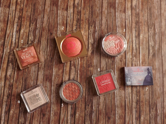 1 - p2 Meet me in Venice blazing treasure blush in 010 Destiny, 2 - p2 Culture & Spirit blend of beauty blush in 010 soulfulness, 3 - essence brit-tea blush in 01 tea-riffic Garden Party, 4 - essence hello autumn in 01 Beauti-fall Red, 5 - Catrice Illuminating Blush in 020 Coral Me Maybe, 6 - Catrice Rock-o-co Powder Blush in C02 Madame De Pinkadour, 7 - essence Cinderella blush in 01 so this is love