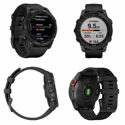 A picture of Garmin Fēnix 7 smartwatch with a white background in 4 shapes