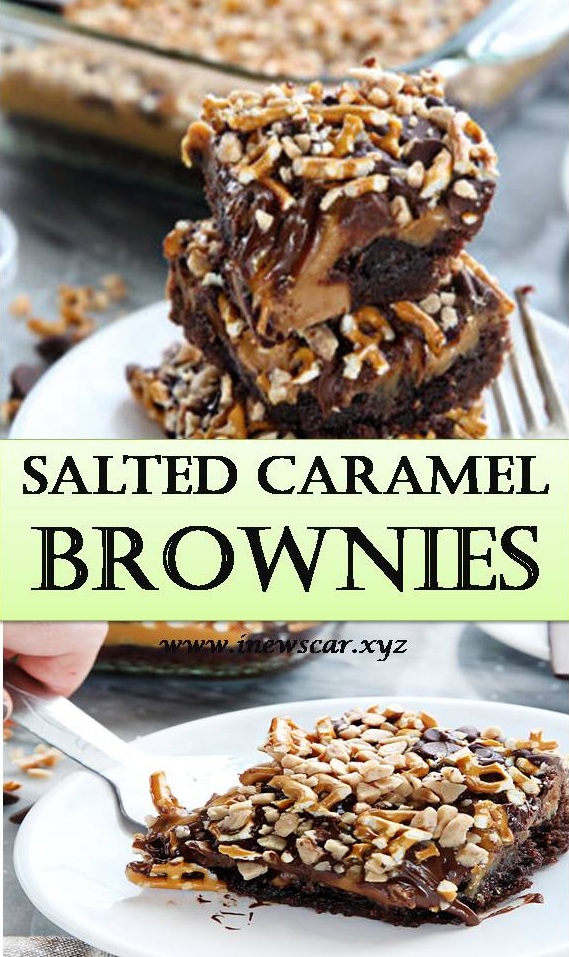 These Salted Caramel Brownies are going to take your brownie game to a whole new level.  Deliciously moist and fudgy brownies topped with an ooey gooey mixture of melted caramel, crushed pretzels, toffee bits, chocolate chips, and sea salt.
