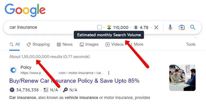 Search for the keyword car insurance on Google