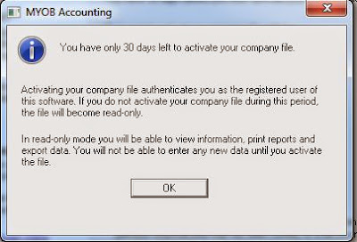 MYOB Activate Company File Reminder Winow