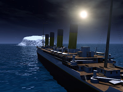 From deck of Titanic looking towards iceberg in moonlight