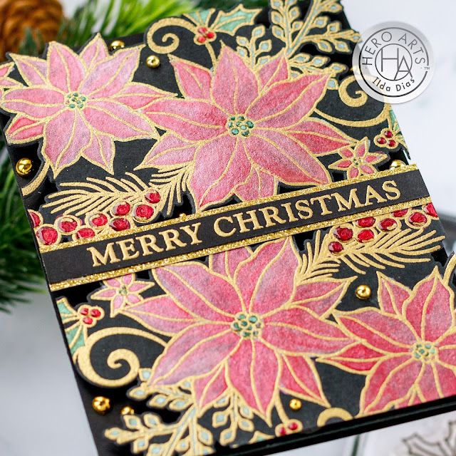 Merry Poinsettia Bunch,Christmas Card,Hero Arts, Card Making, Stamping, Die Cutting, handmade card, ilovedoingallthingscrafty, Stamps, how to, Black,metallic watercolor set, Watercoloring,