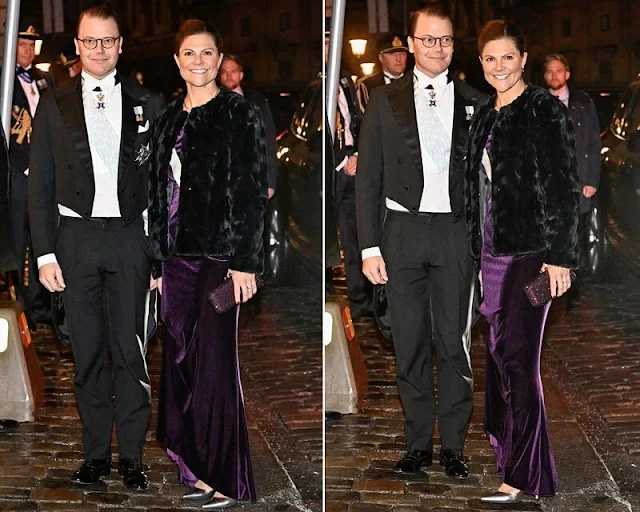 Crown Princess Victoria wore a faux-fur jacket by Filippa K, and a burgundy velvet maxi dress