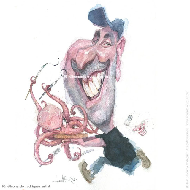 Funny watercolor caricature of a man running with an octopus that attacks him with art brushes