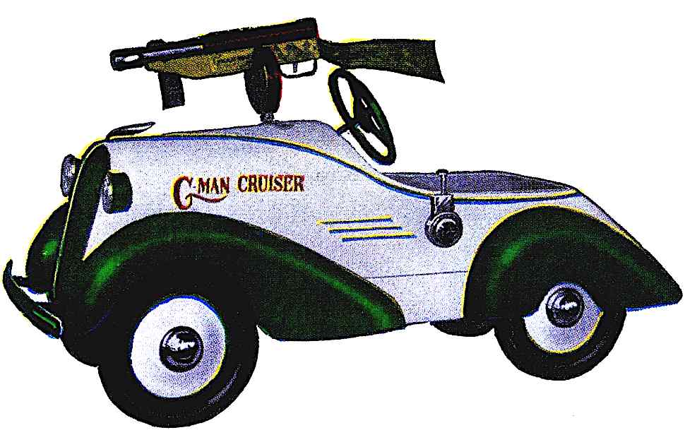 a color photograph of a child's 1930s peddle car The G-Man Cruiser, with a toy machine gun mounted on the hood