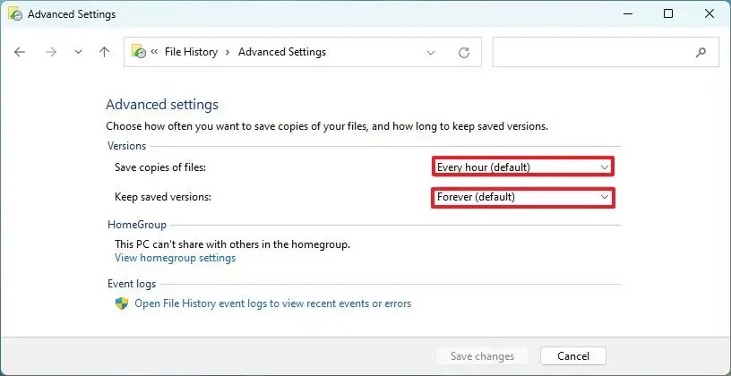 file history frequency retention settings