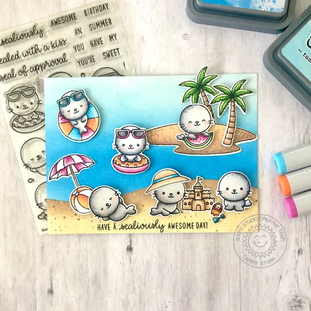 Sunny Studio Stamps: Sealiously Sweet Tropical Scenes Beach Babies Summer Themed Card by Tammy Stark