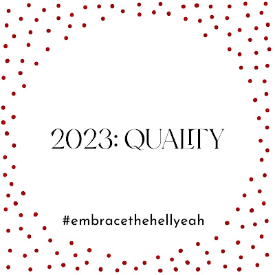 Inspiration quote in black letters on a white background saying 2023: Quality with tiny red polka dots framing the letters.