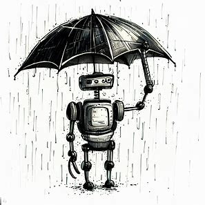 Bing Image Creator robot holding an umbrella in the rain, ink drawing