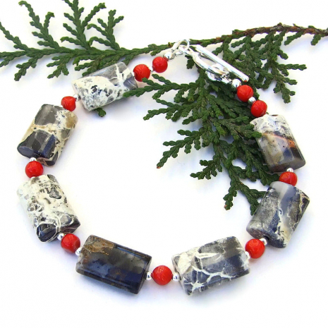 handmade silver leaf jasper red coral bracelet gift for women