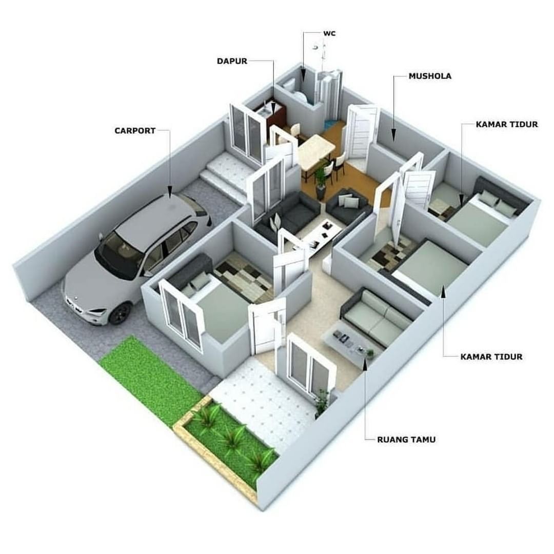 Desain Dan Denah Rumah Mungil 3 Kamar Tidur Tanah 70 M2 Ruangnya