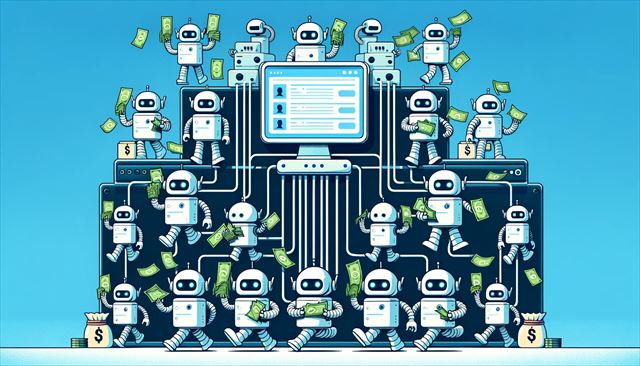 A horizontal illustration showing eleven robots running Twitter automatically. Each robot is depicted with money in their hands, symbolizing automated revenue generation. In the center of the image, there's a prominent computer, representing the central control or server for these bots. The scene conveys a concept of automation in social media management and monetization.