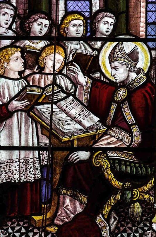 São Gregório Magno ensina o 'gregoriano' aos estudantes, catedral de Nossa Senhora, em Edinburgo, Escócia