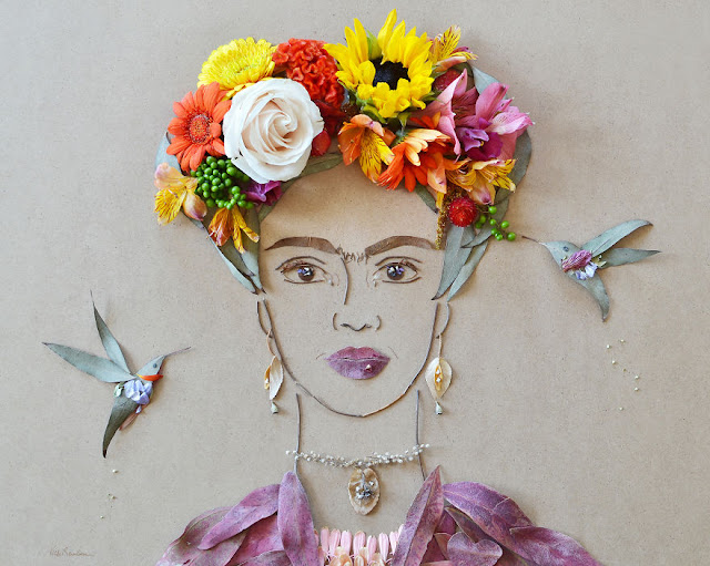 intricate portraits made from twigs and flowers