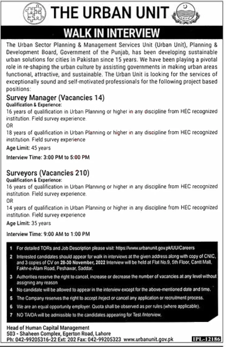 Punjab Government Urban Unit Jobs 2022 Latest Advertisement