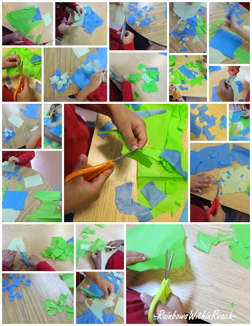 Preschool children cutting tissue paper for Earth Day collaboration, Head Start Art