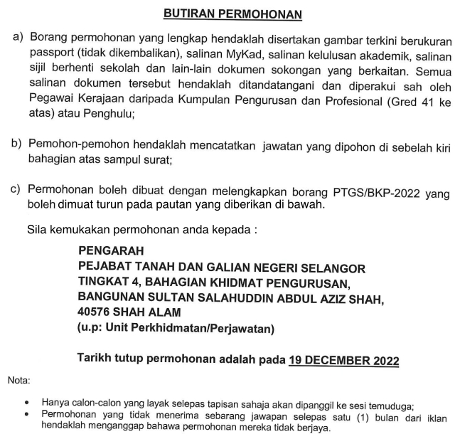 Jawatan Kosong Pejabat Tanah Dan Galian Selangor (PTGS) Disember 2022