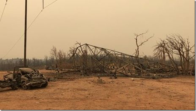 A high-tension power transmission line tipped over from a tornado-like fire vortex that reached speeds of possibly more than 143 mph on 26 July 2018. Photo: Cal Fire / National Weather Service