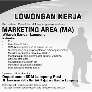 Lowongan Marketing Area Lampung Post Terbaru 2013
