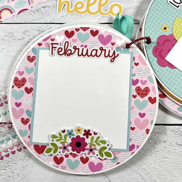 Round Valentine's Day Scrapbook Album Page with hearts and flowers