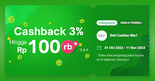 Cashback Hingga 100 rb untuk semua pembeli di Beli Cemilan Mart *S&K 31 Okt 2023 11 Nov 2023* Kamu bisa langsung pakai kupon ini di tokopedia