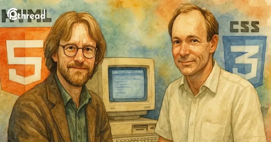 Ilustrasi Sir Tim Berners-Lee dan Håkon Wium Lie bekerja bersama membangun HTML dan CSS di era 90-an