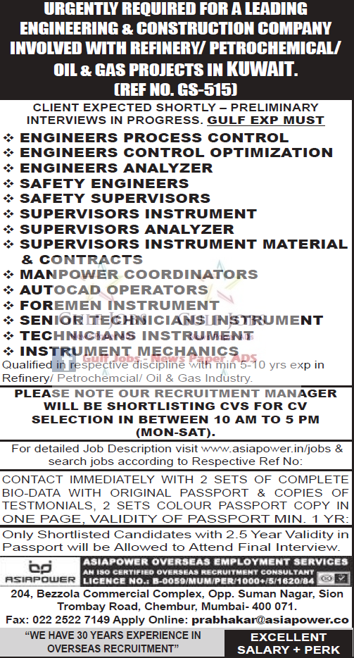 OIl & Gas Projects Jobs for Leading co in Kuwait