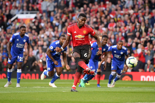 Paul Pogba of Manchester United scores his team's first goal during the Premier League match between Manchester United and Leicester City at Old Trafford on August 10, 2018 in Manchester, United Kingdom.