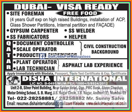 Dubai & Qatar Job Vacancies - Visa Ready - Free food