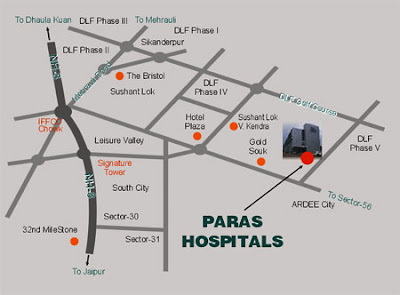 Map of location of Paras Hospital in Gurgaon