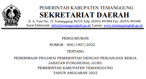 Rincian Penetapan Kebutuhan Formasi ASN PPPK Kota Temanggung Tahun 2022