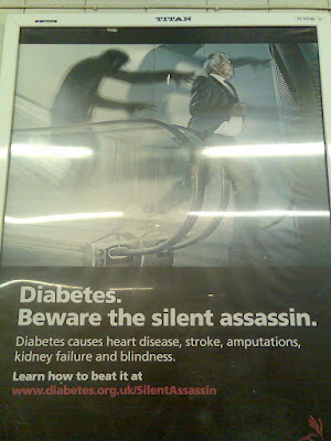 A warning poster with the message 'Diabetes causes heart disease, stroke, amputations, kidney failure and blindness'