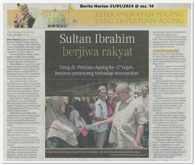 Merafak sembah, menjunjung kasih | Keratan akhbar Berita Harian 31 Januari 2024