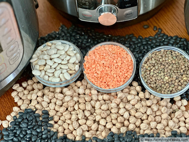 image of assorted dried beans (black, white, garbanzo, yellow split pea) in piles on a wooden table surrounded by Instant Pots