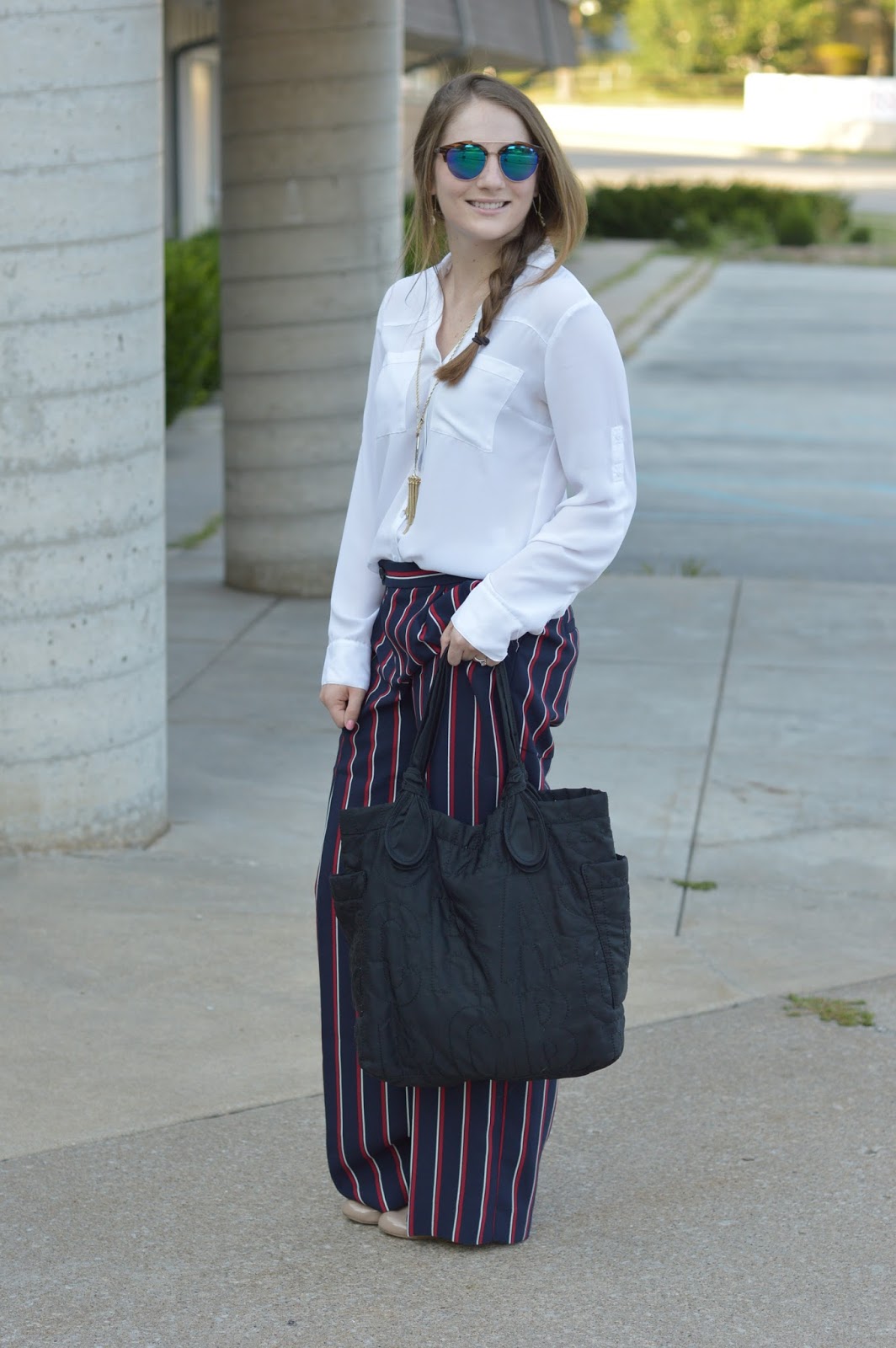 what to wear with striped dress pants | banana republic striped dress pants | new ways to style a white blouse for work | a memory of us | cute looks for work | 