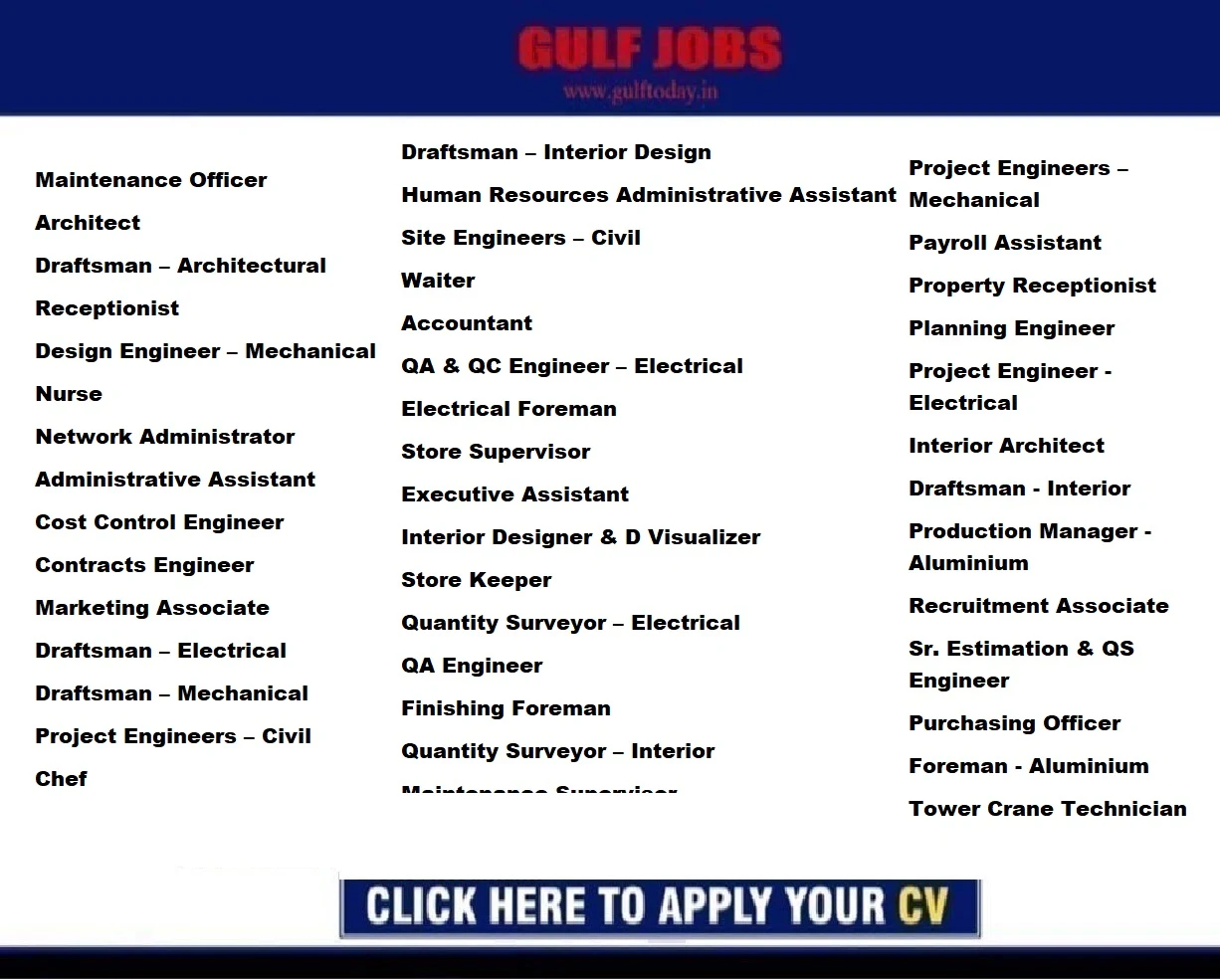 Qatar Jobs-Doha Jobs-Maintenance Officer-Architect-Draftsman-Receptionist-Design Engineer-Nurse-Network Administrator-Administrative Assistant-Cost Control Engineer-Project Engineers -Accountant-Store Keeper-Quantity Surveyor-QA Engineer-Payroll Assistant-Interior Architect-HR Clerk-Site Document Controller