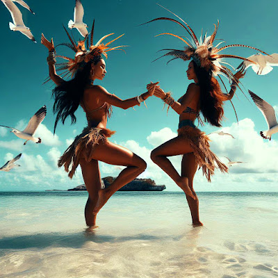 two young women holding hands dancing in Bahamas sea