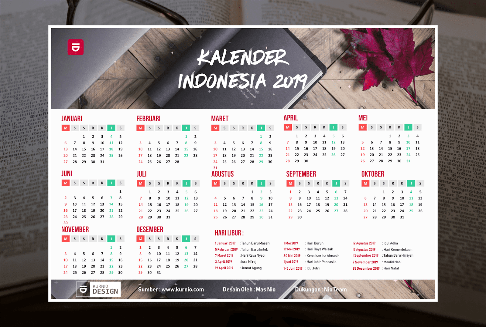 Kalender 2019 Vektor Lengkap tanggal Merah, Hijriyah, Jawa 