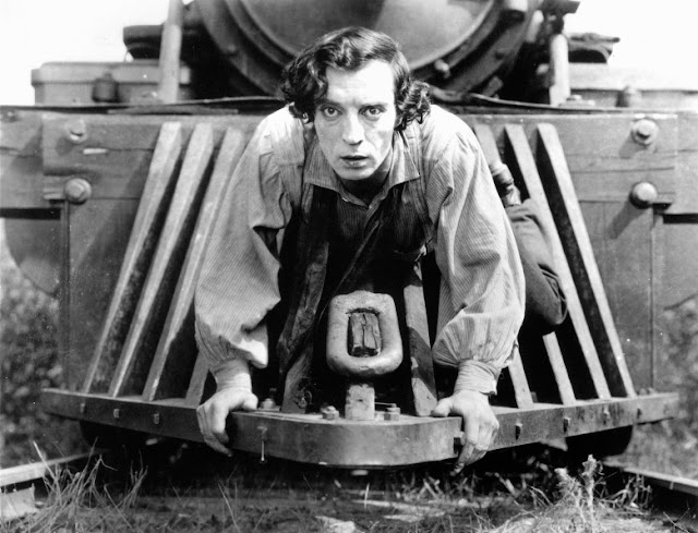 Buster Keaton on locomotive cowcatcher in The General (1926)