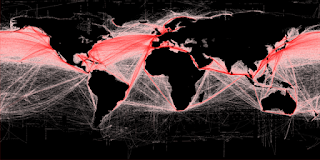 Commercial shipping density image by B.S. Halpern (T. Hengl; D. Groll) via Wikimedia Commons - https://commons.wikimedia.org/w/index.php?title=File:Shipping_routes_red_black.png