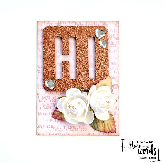 Hi Artist Trading Card with Embossed Wood Veneer Embellishment Flowers and Heart Rhinestones